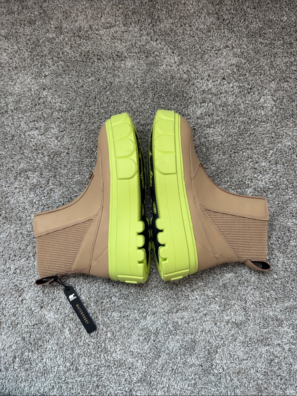 Sorel Tan Chelsea Boots with Neon Green Lug Soles - Picture 3 of 7